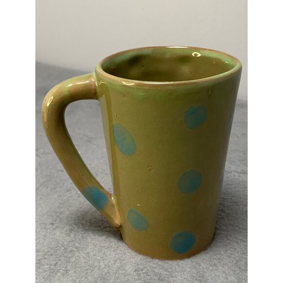 Handmade 1980s Frog Face Ceramic Mug with Blue Polka Dots & Green/Orange Glaze - Picture 3 of 9